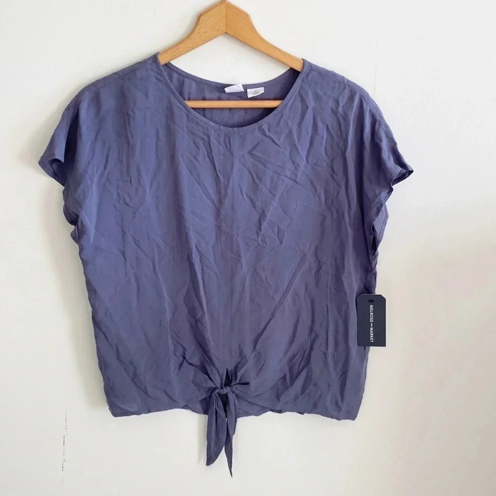 Melrose and Market blue short sleeve tie front top size XS NWT